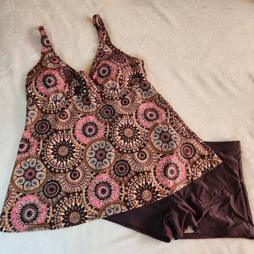 Unbranded Womens Brown and Orange Print Tankini and Boy Shorts Size XL